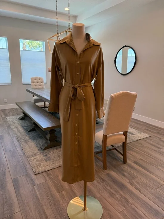 NWT! Banana Republic - Long-Sleeve Buttoned Long Shirt Dress in Champagne - Picture 1 of 3